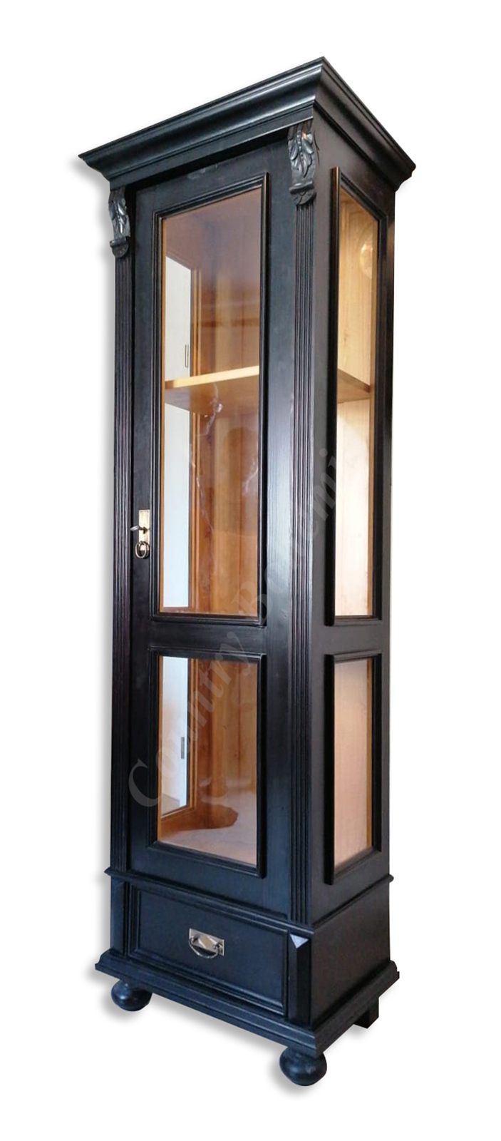Schmale Vitrine Landhausstil Massivholz schwarz Vitrinenschrank Tür und  Seiten verglast | Der Landhausmoebel Spezialist