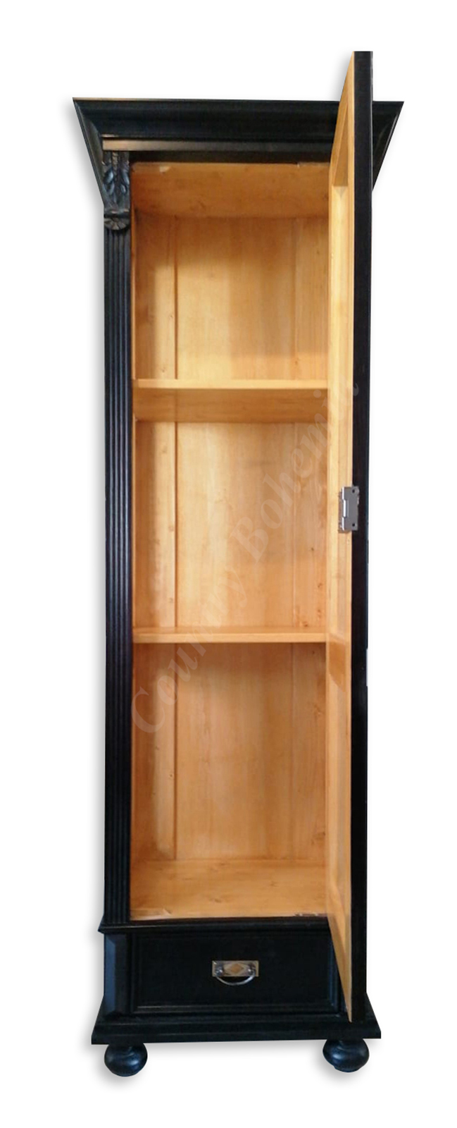 Schmale Vitrine Landhausstil Massivholz schwarz Tür verglast Spezialist Der Vitrinenschrank | Seiten und Landhausmoebel